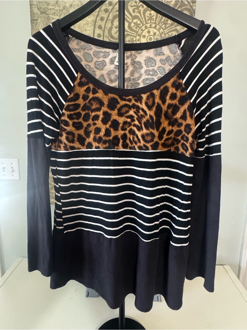 My Beloved Black White and Brown Leopard Stripe Long Sleeve Top